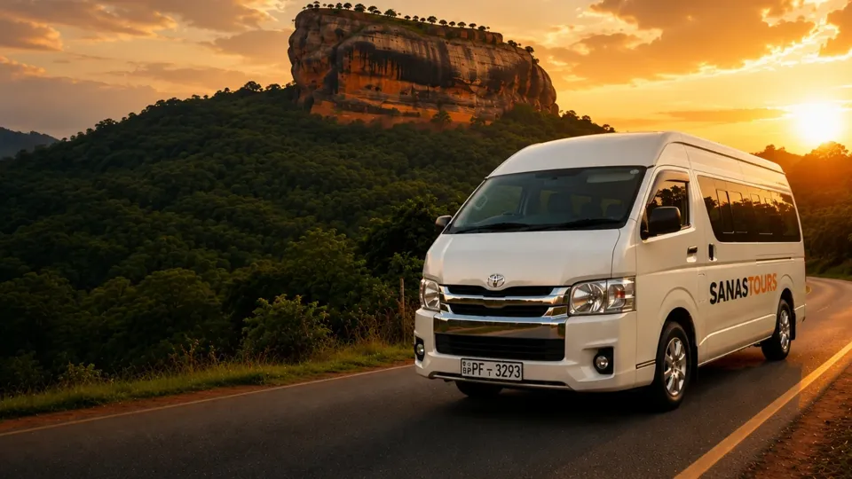 Sanastours private tour van at Sigiriya at sunset